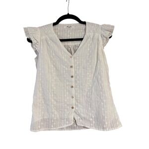 Berthie Paris White Eyelet Ruffle Sleeve Button Front V-Neck Blouse Top Womens S
